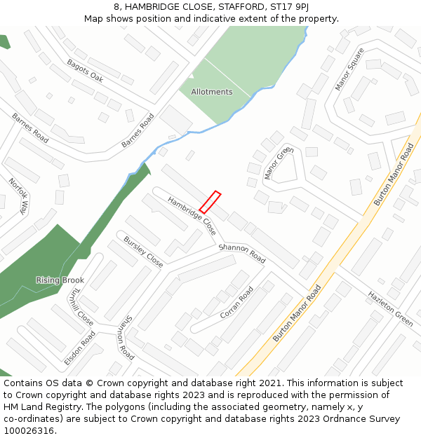 8, HAMBRIDGE CLOSE, STAFFORD, ST17 9PJ: Location map and indicative extent of plot