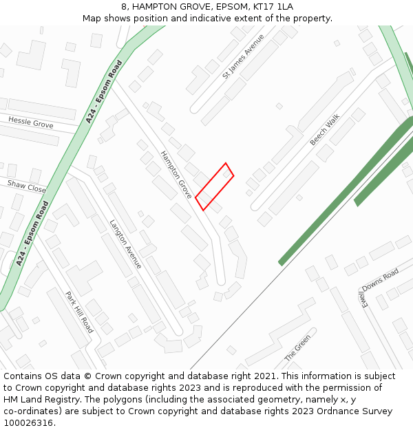 8, HAMPTON GROVE, EPSOM, KT17 1LA: Location map and indicative extent of plot