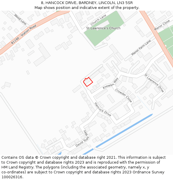 8, HANCOCK DRIVE, BARDNEY, LINCOLN, LN3 5SR: Location map and indicative extent of plot