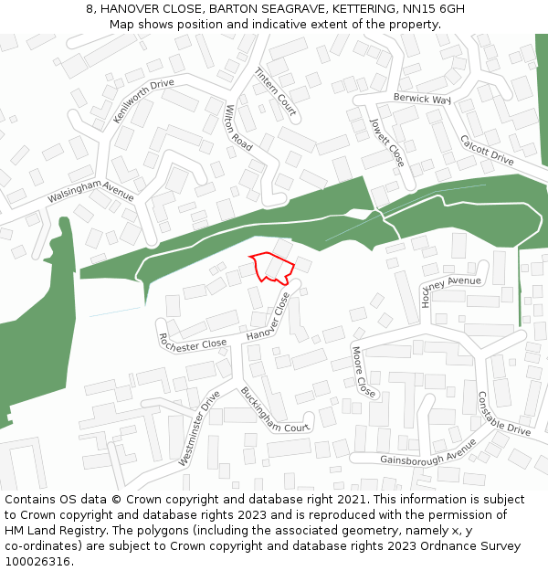 8, HANOVER CLOSE, BARTON SEAGRAVE, KETTERING, NN15 6GH: Location map and indicative extent of plot