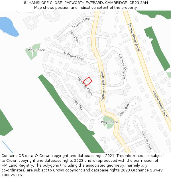 8, HANSLOPE CLOSE, PAPWORTH EVERARD, CAMBRIDGE, CB23 3AN: Location map and indicative extent of plot