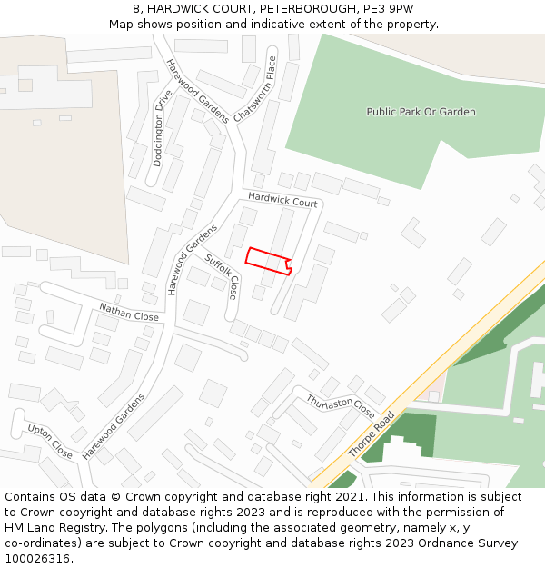 8, HARDWICK COURT, PETERBOROUGH, PE3 9PW: Location map and indicative extent of plot