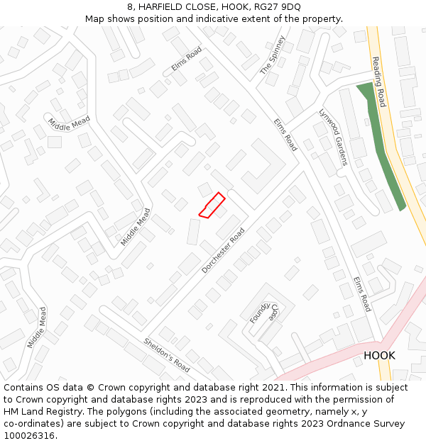 8, HARFIELD CLOSE, HOOK, RG27 9DQ: Location map and indicative extent of plot