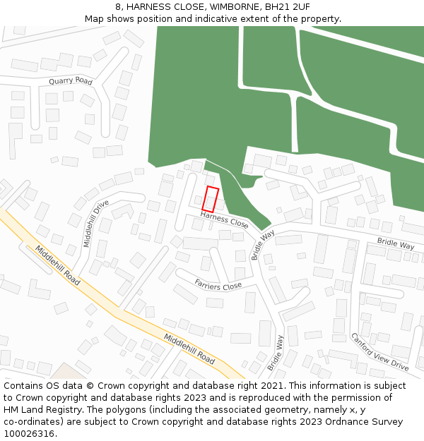 8, HARNESS CLOSE, WIMBORNE, BH21 2UF: Location map and indicative extent of plot