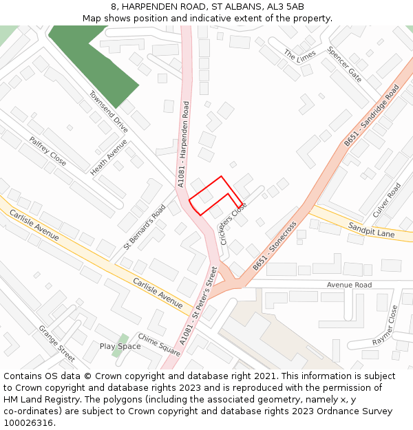 8, HARPENDEN ROAD, ST ALBANS, AL3 5AB: Location map and indicative extent of plot