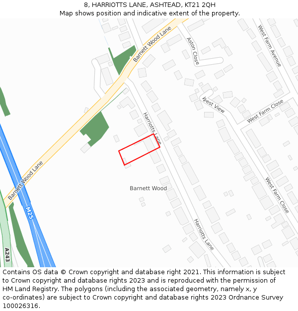 8, HARRIOTTS LANE, ASHTEAD, KT21 2QH: Location map and indicative extent of plot