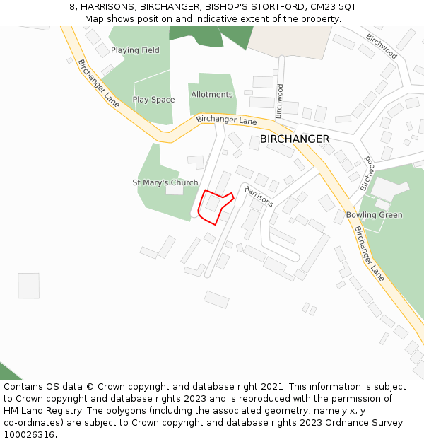 8, HARRISONS, BIRCHANGER, BISHOP'S STORTFORD, CM23 5QT: Location map and indicative extent of plot