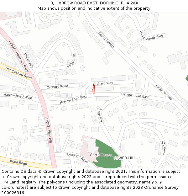8, HARROW ROAD EAST, DORKING, RH4 2AX: Location map and indicative extent of plot