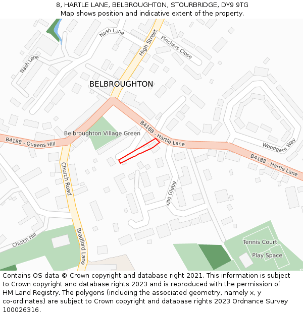 8, HARTLE LANE, BELBROUGHTON, STOURBRIDGE, DY9 9TG: Location map and indicative extent of plot