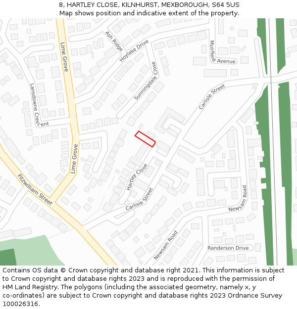 8, HARTLEY CLOSE, KILNHURST, MEXBOROUGH, S64 5US: Location map and indicative extent of plot