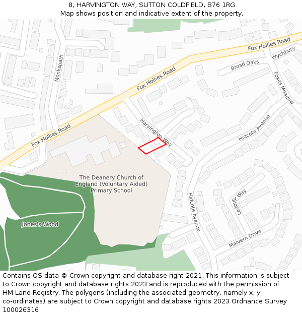 8, HARVINGTON WAY, SUTTON COLDFIELD, B76 1RG: Location map and indicative extent of plot