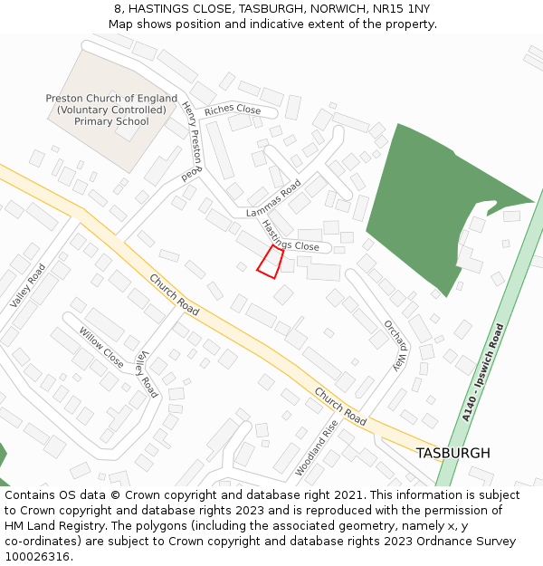 8, HASTINGS CLOSE, TASBURGH, NORWICH, NR15 1NY: Location map and indicative extent of plot