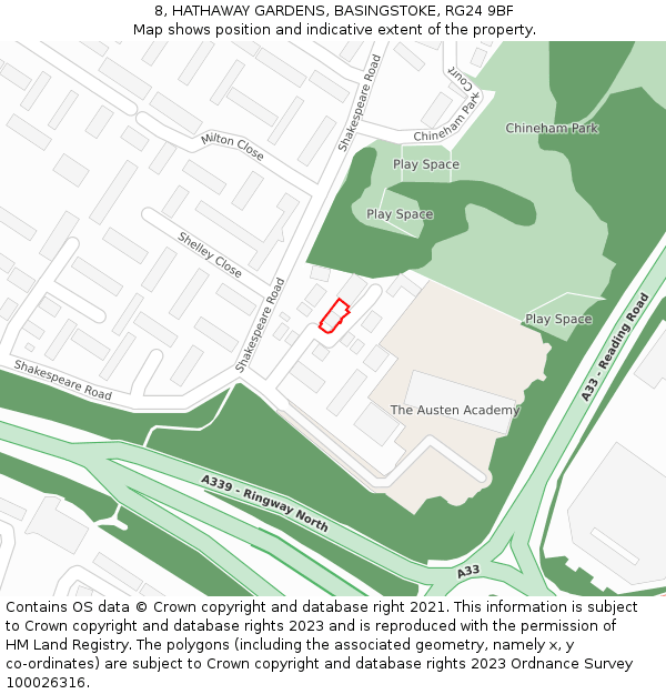 8, HATHAWAY GARDENS, BASINGSTOKE, RG24 9BF: Location map and indicative extent of plot