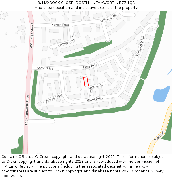 8, HAYDOCK CLOSE, DOSTHILL, TAMWORTH, B77 1QR: Location map and indicative extent of plot