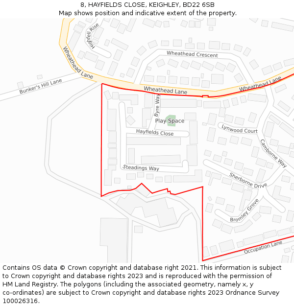 8, HAYFIELDS CLOSE, KEIGHLEY, BD22 6SB: Location map and indicative extent of plot