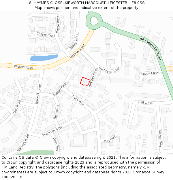 8, HAYMES CLOSE, KIBWORTH HARCOURT, LEICESTER, LE8 0SS: Location map and indicative extent of plot