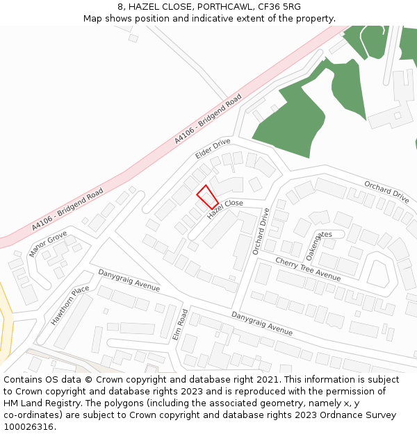 8, HAZEL CLOSE, PORTHCAWL, CF36 5RG: Location map and indicative extent of plot