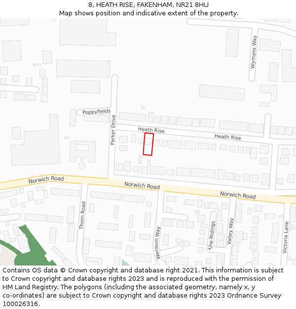 8, HEATH RISE, FAKENHAM, NR21 8HU: Location map and indicative extent of plot