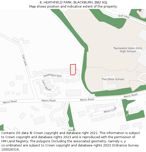 8, HEATHFIELD PARK, BLACKBURN, BB2 6QJ: Location map and indicative extent of plot
