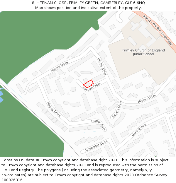 8, HEENAN CLOSE, FRIMLEY GREEN, CAMBERLEY, GU16 6NQ: Location map and indicative extent of plot