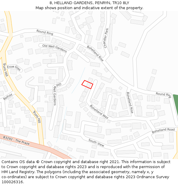 8, HELLAND GARDENS, PENRYN, TR10 8LY: Location map and indicative extent of plot