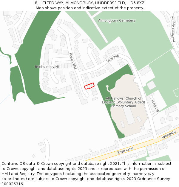 8, HELTED WAY, ALMONDBURY, HUDDERSFIELD, HD5 8XZ: Location map and indicative extent of plot