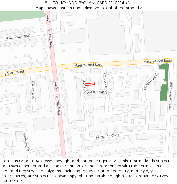 8, HEOL MYNYDD BYCHAN, CARDIFF, CF14 4NL: Location map and indicative extent of plot