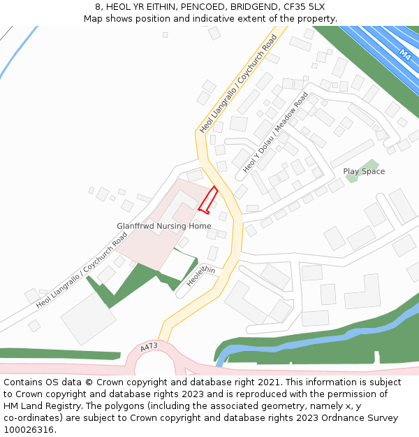 8, HEOL YR EITHIN, PENCOED, BRIDGEND, CF35 5LX: Location map and indicative extent of plot