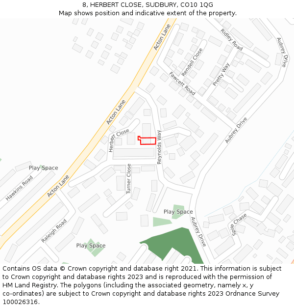 8, HERBERT CLOSE, SUDBURY, CO10 1QG: Location map and indicative extent of plot