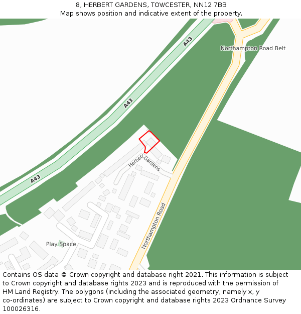 8, HERBERT GARDENS, TOWCESTER, NN12 7BB: Location map and indicative extent of plot