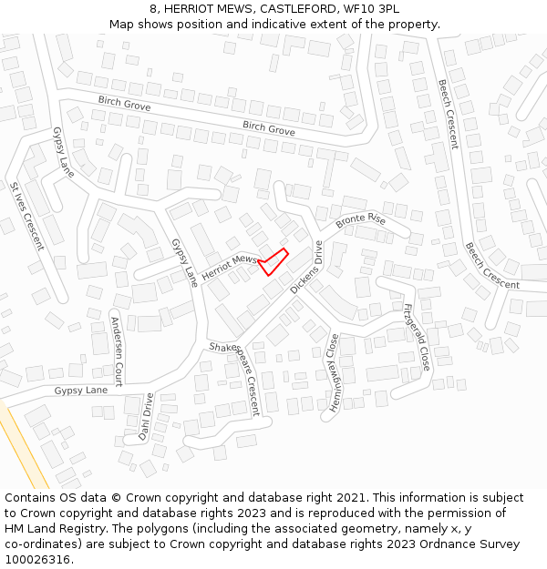 8, HERRIOT MEWS, CASTLEFORD, WF10 3PL: Location map and indicative extent of plot