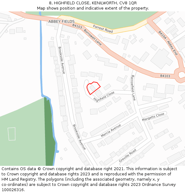 8, HIGHFIELD CLOSE, KENILWORTH, CV8 1QR: Location map and indicative extent of plot