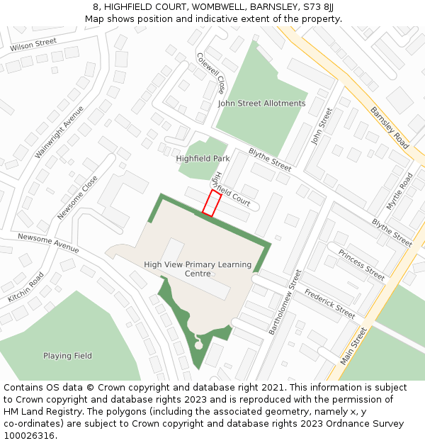 8, HIGHFIELD COURT, WOMBWELL, BARNSLEY, S73 8JJ: Location map and indicative extent of plot