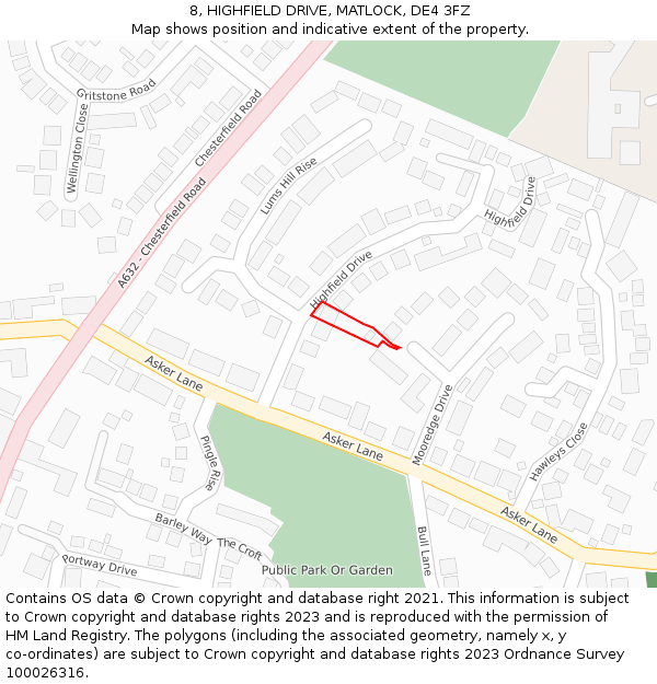 8, HIGHFIELD DRIVE, MATLOCK, DE4 3FZ: Location map and indicative extent of plot