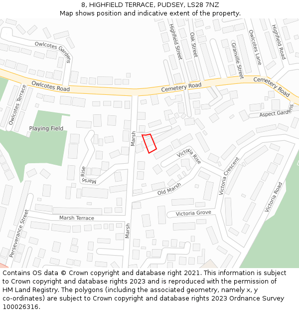 8, HIGHFIELD TERRACE, PUDSEY, LS28 7NZ: Location map and indicative extent of plot
