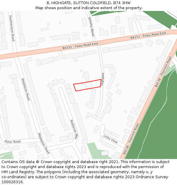 8, HIGHGATE, SUTTON COLDFIELD, B74 3HW: Location map and indicative extent of plot