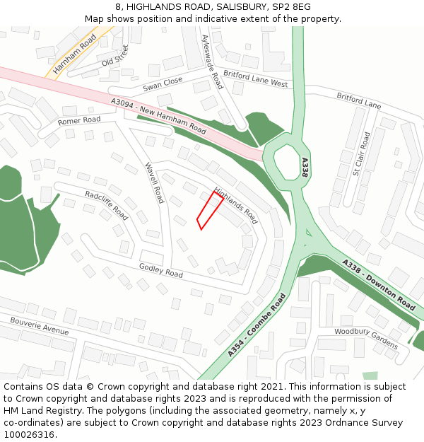8, HIGHLANDS ROAD, SALISBURY, SP2 8EG: Location map and indicative extent of plot