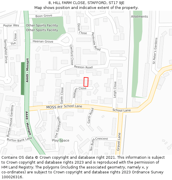 8, HILL FARM CLOSE, STAFFORD, ST17 9JE: Location map and indicative extent of plot