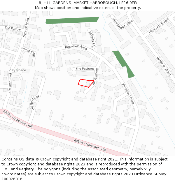 8, HILL GARDENS, MARKET HARBOROUGH, LE16 9EB: Location map and indicative extent of plot