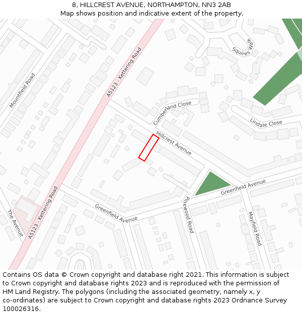 8, HILLCREST AVENUE, NORTHAMPTON, NN3 2AB: Location map and indicative extent of plot