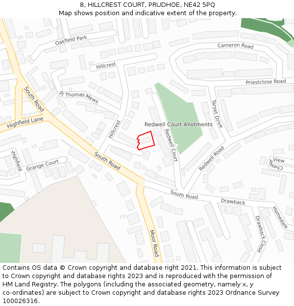 8, HILLCREST COURT, PRUDHOE, NE42 5PQ: Location map and indicative extent of plot