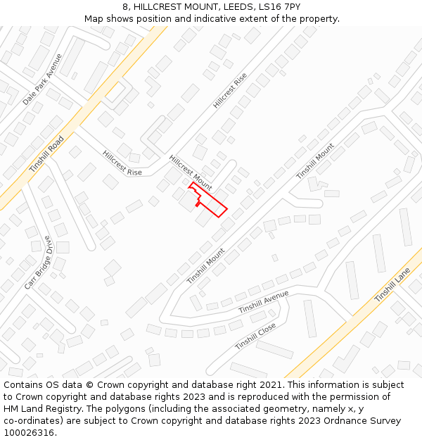 8, HILLCREST MOUNT, LEEDS, LS16 7PY: Location map and indicative extent of plot