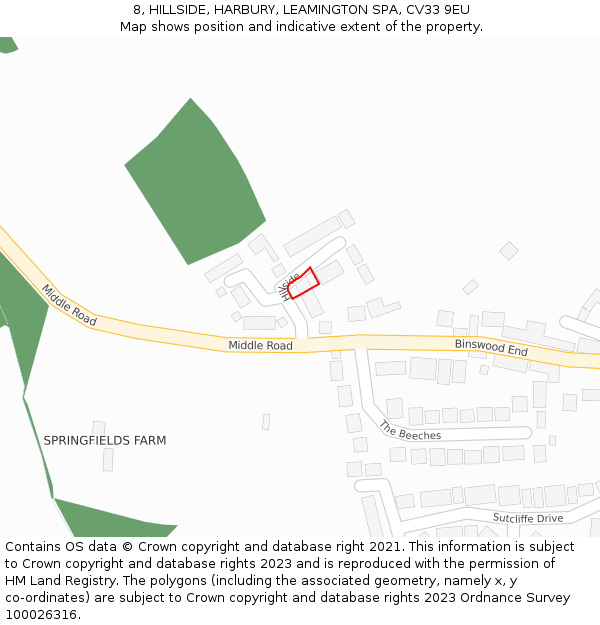 8, HILLSIDE, HARBURY, LEAMINGTON SPA, CV33 9EU: Location map and indicative extent of plot