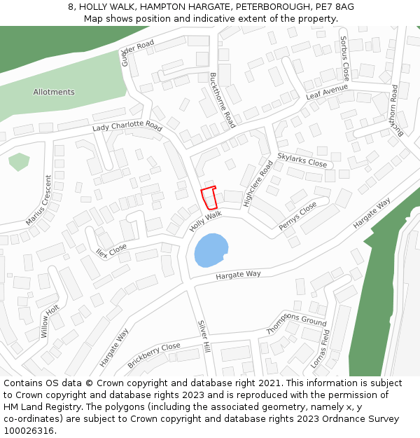 8, HOLLY WALK, HAMPTON HARGATE, PETERBOROUGH, PE7 8AG: Location map and indicative extent of plot
