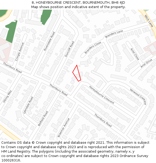 8, HONEYBOURNE CRESCENT, BOURNEMOUTH, BH6 4JD: Location map and indicative extent of plot