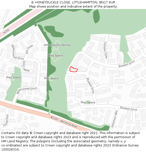 8, HONEYSUCKLE CLOSE, LITTLEHAMPTON, BN17 6UR: Location map and indicative extent of plot