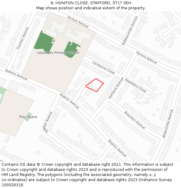 8, HONITON CLOSE, STAFFORD, ST17 0EH: Location map and indicative extent of plot