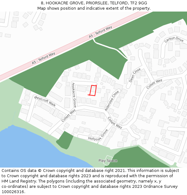 8, HOOKACRE GROVE, PRIORSLEE, TELFORD, TF2 9GG: Location map and indicative extent of plot