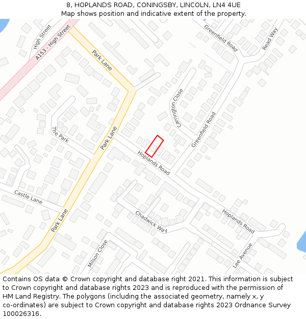 8, HOPLANDS ROAD, CONINGSBY, LINCOLN, LN4 4UE: Location map and indicative extent of plot