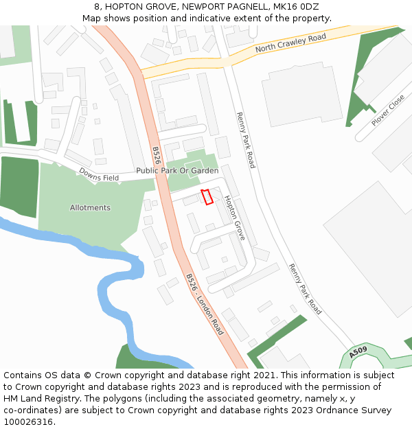 8, HOPTON GROVE, NEWPORT PAGNELL, MK16 0DZ: Location map and indicative extent of plot